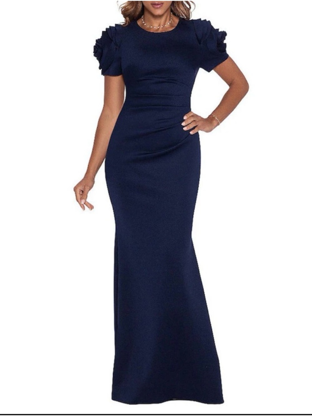 XSCAPE Navy Blue Rosette Sleeve Gown Size 8 Ruched Formal Evening Dress Elegant